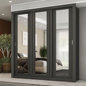 Guarda Roupa Casal 3 Portas Doha Prime 2 Gavetas Carraro Ripado Preto Touch