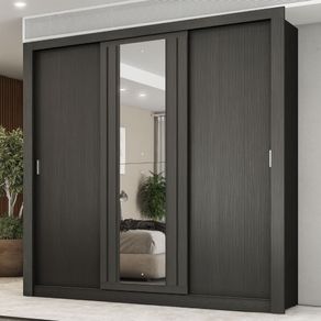Guarda Roupa Casal 3 Portas Doha c/ Espelho Central Carraro Preto Touch